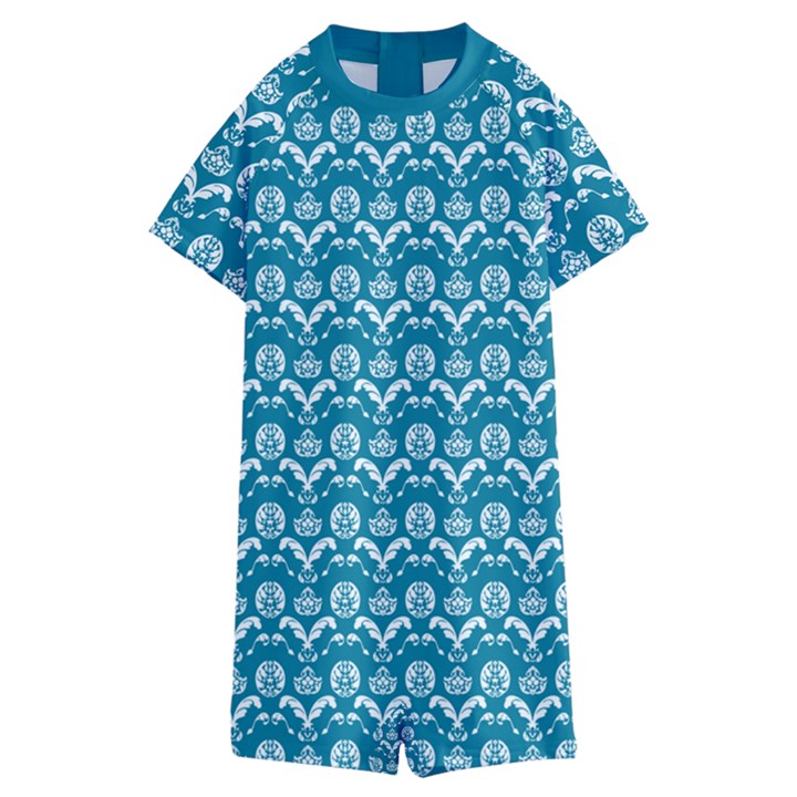 Easter Damask Pattern Deep Teal Blue and White Kids  Boyleg Half Suit Swimwear