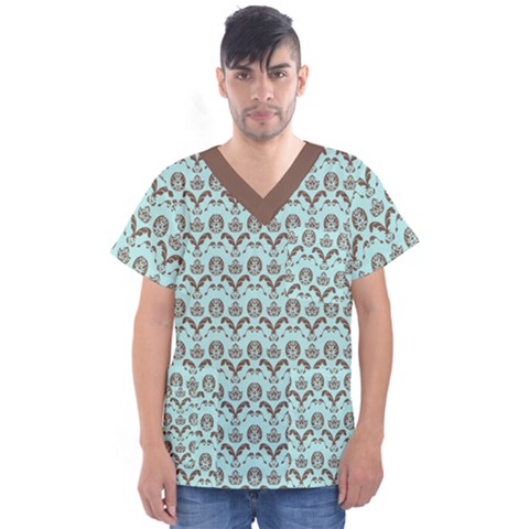 Easter Damask Pattern Robins Egg Blue And Brown Men s V-neck Scrub Top by emilyzragz