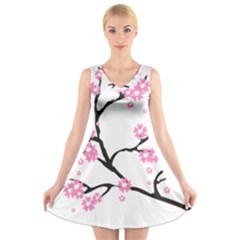 Blossoms Branch Cherry Floral V-neck Sleeveless Dress