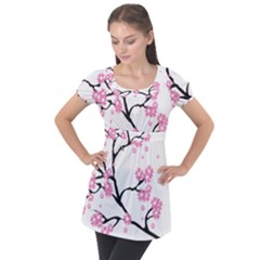 Blossoms Branch Cherry Floral Puff Sleeve Tunic Top