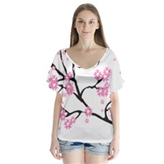 Blossoms Branch Cherry Floral V-neck Flutter Sleeve Top by Pakrebo