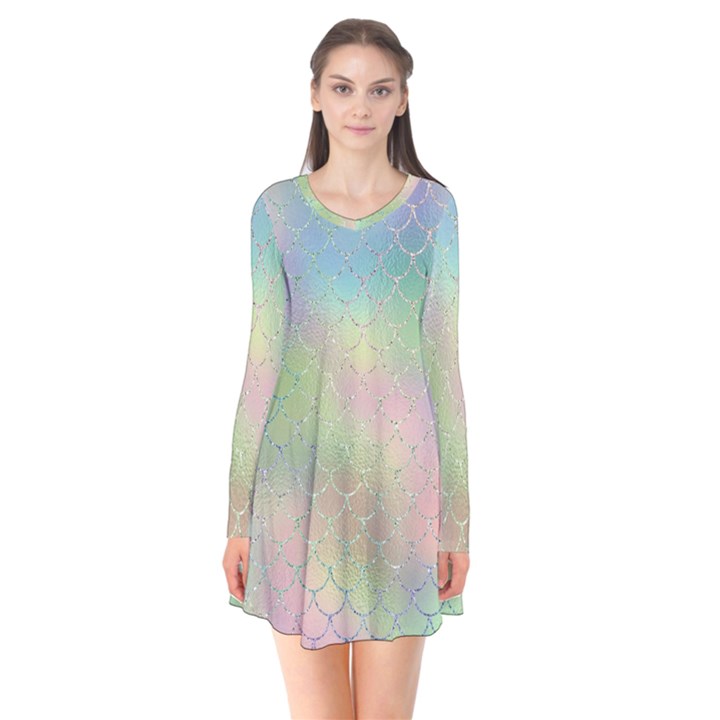 Pastel Mermaid Sparkles Long Sleeve V-neck Flare Dress