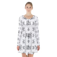 Black And White Ethnic Design Print Long Sleeve Velvet V-neck Dress by dflcprintsclothing