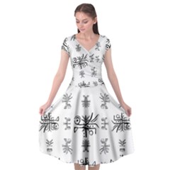 Black And White Ethnic Design Print Cap Sleeve Wrap Front Dress