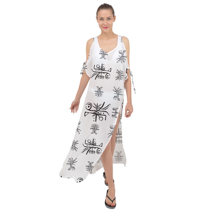 Black And White Ethnic Design Print Maxi Chiffon Cover Up Dress