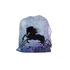 Wonderful Black Horse Silhouette On Vintage Background Drawstring Pouch (medium) by FantasyWorld7