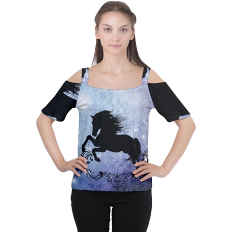 Wonderful Black Horse Silhouette On Vintage Background Cutout Shoulder Tee by FantasyWorld7