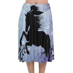 Wonderful Black Horse Silhouette On Vintage Background Velvet Flared Midi Skirt by FantasyWorld7