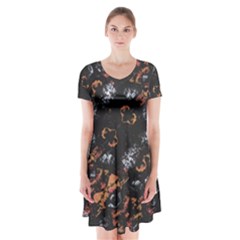 Fractal Vintage Grunge Print Design Short Sleeve V-neck Flare Dress