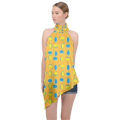 Lemons Ongoing Pattern Texture Halter Asymmetric Satin Top by Mariart