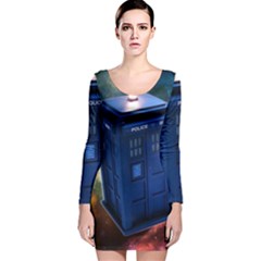 The Police Box Tardis Time Travel Device Used Doctor Who Long Sleeve Velvet Bodycon Dress by Sudhe