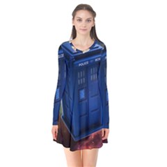 The Police Box Tardis Time Travel Device Used Doctor Who Long Sleeve V-neck Flare Dress by Sudhe