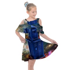 The Police Box Tardis Time Travel Device Used Doctor Who Kids  Shoulder Cutout Chiffon Dress by Sudhe