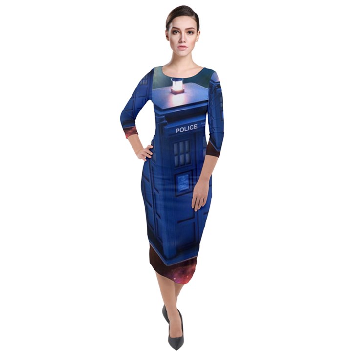 The Police Box Tardis Time Travel Device Used Doctor Who Quarter Sleeve Midi Velour Bodycon Dress