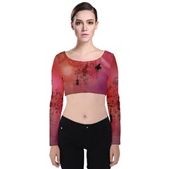 Decorative Clef With Piano And Guitar Velvet Long Sleeve Crop Top