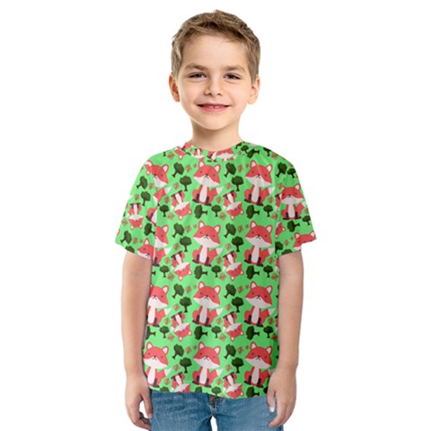 Fox And Trees Pattern Green Kids  Sport Mesh Tee by snowwhitegirl