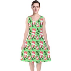 Fox And Trees Pattern Green V-neck Midi Sleeveless Dress  by snowwhitegirl