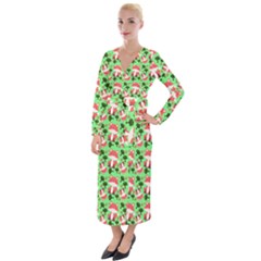 Fox And Trees Pattern Green Velvet Maxi Wrap Dress