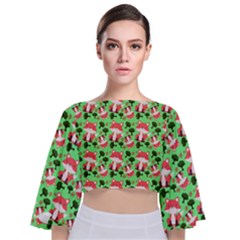 Fox And Trees Pattern Green Tie Back Butterfly Sleeve Chiffon Top