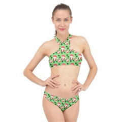 Fox And Trees Pattern Green High Neck Bikini Set