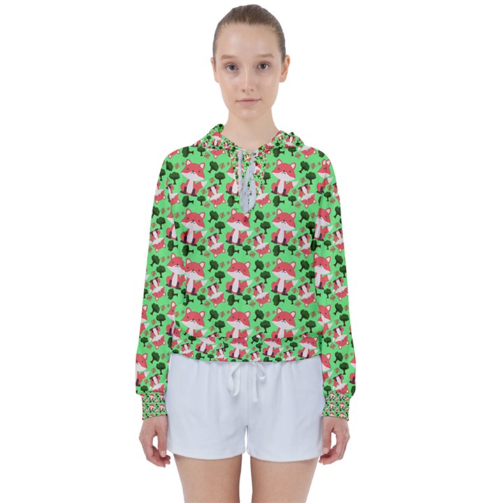 Fox And Trees Pattern Green Women s Tie Up Sweat