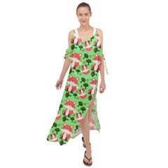 Fox And Trees Pattern Green Maxi Chiffon Cover Up Dress