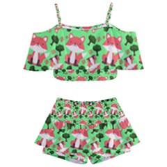 Fox And Trees Pattern Green Kids  Off Shoulder Skirt Bikini by snowwhitegirl