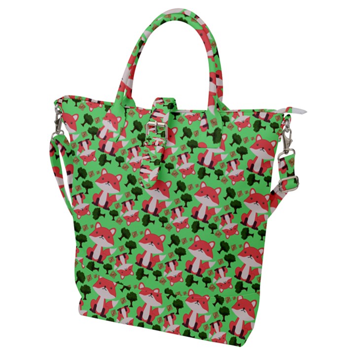 Fox And Trees Pattern Green Buckle Top Tote Bag