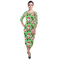 Fox And Trees Pattern Green Quarter Sleeve Midi Velour Bodycon Dress