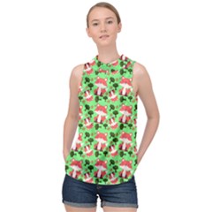 Fox And Trees Pattern Green High Neck Satin Top