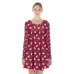 Bento Lunch Red Long Sleeve Velvet V-neck Dress