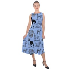 Dog Pattern Blue Midi Tie-back Chiffon Dress