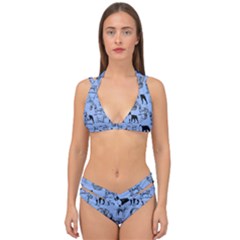 Dog Pattern Blue Double Strap Halter Bikini Set