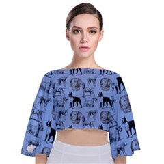 Dog Pattern Blue Tie Back Butterfly Sleeve Chiffon Top