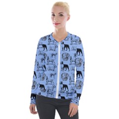 Dog Pattern Blue Velour Zip Up Jacket