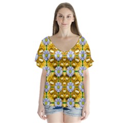 Summer Decorative Festive V-neck Flutter Sleeve Top by pepitasart