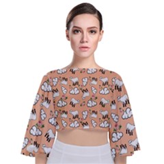 Vintage Lamb Pattern Peach Tie Back Butterfly Sleeve Chiffon Top