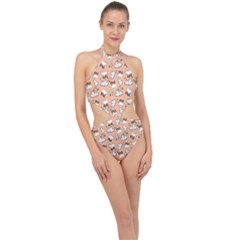 Vintage Lamb Pattern Peach Halter Side Cut Swimsuit