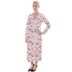 Vintage Lamb Pattern Pink Velvet Maxi Wrap Dress