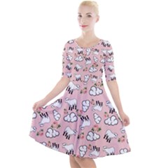 Vintage Lamb Pattern Pink Quarter Sleeve A-line Dress