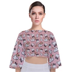 Vintage Lamb Pattern Pink Tie Back Butterfly Sleeve Chiffon Top