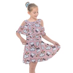 Vintage Lamb Pattern Pink Kids  Shoulder Cutout Chiffon Dress