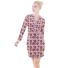 Shopping Bag Pattern Pink Button Long Sleeve Dress