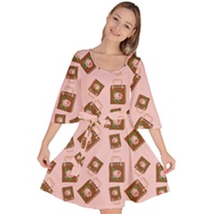 Shopping Bag Pattern Pink Velour Kimono Dress