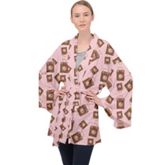 Shopping Bag Pattern Pink Velvet Kimono Robe