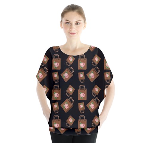 Shopping Bag Pattern Black Batwing Chiffon Blouse by snowwhitegirl