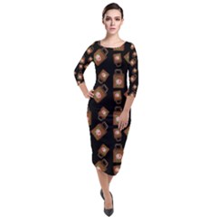 Shopping Bag Pattern Black Quarter Sleeve Midi Velour Bodycon Dress