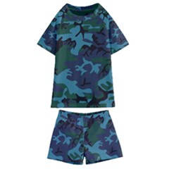 Camouflage Blue Kids  Swim Tee And Shorts Set