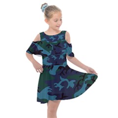 Camouflage Blue Kids  Shoulder Cutout Chiffon Dress