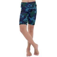 Camouflage Blue Kids  Lightweight Velour Cropped Yoga Leggings